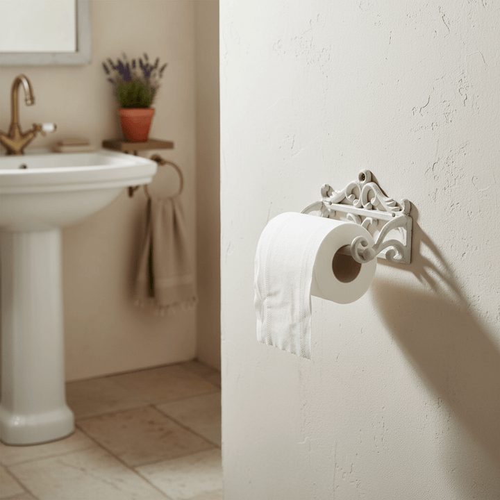 Decorative toilet paper holder on a bathroom wall with a sink and plant in the background.