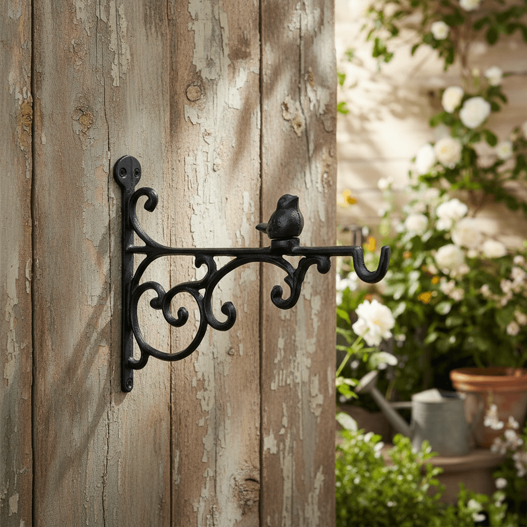 Decorative wall hook with bird design on a wooden wall with garden in the background