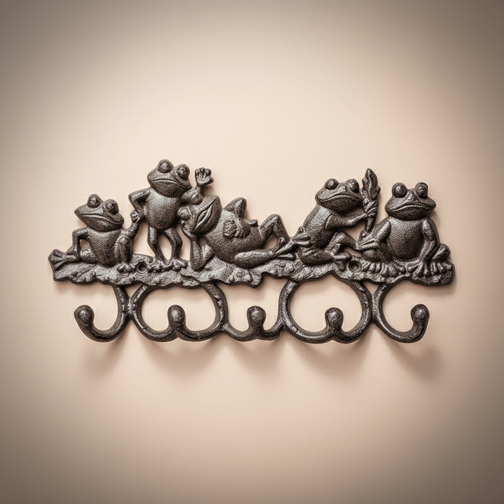 Decorative wall hook with frog design on a beige background
