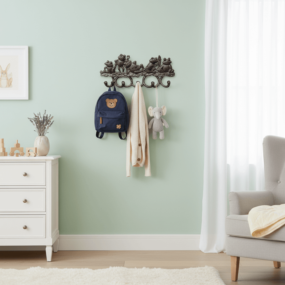 Decorative frog wall hook with backpack, coat, and stuffed animal against a light green wall.