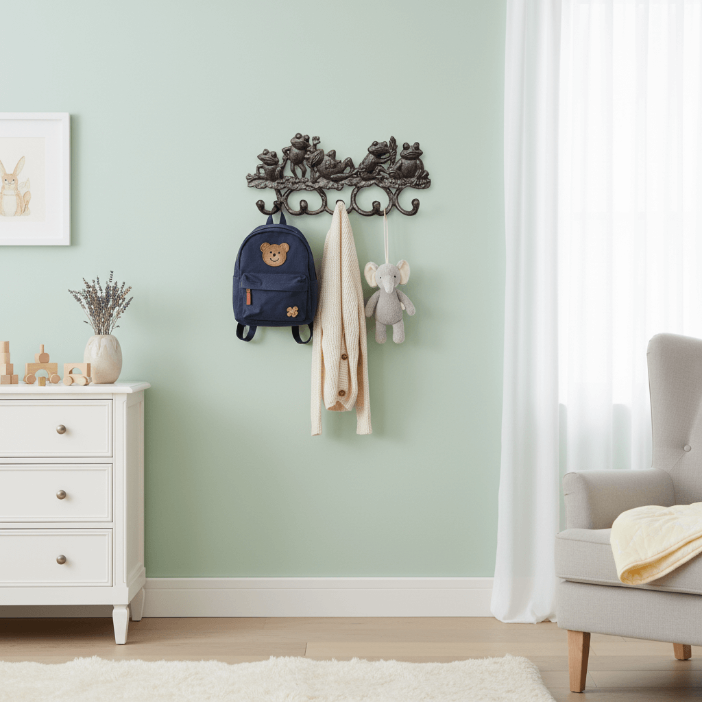 Decorative frog wall hook with backpack, coat, and stuffed animal against a light green wall.
