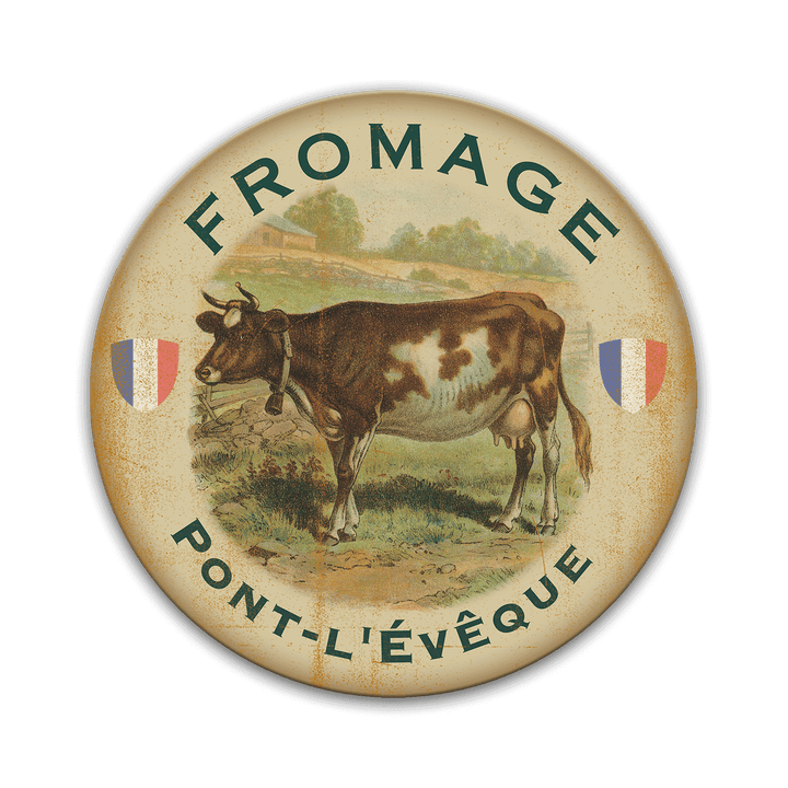 Vintage Fromage Pont-l’Évêque French Country Wall Art depicting Normandy cow and landscape.