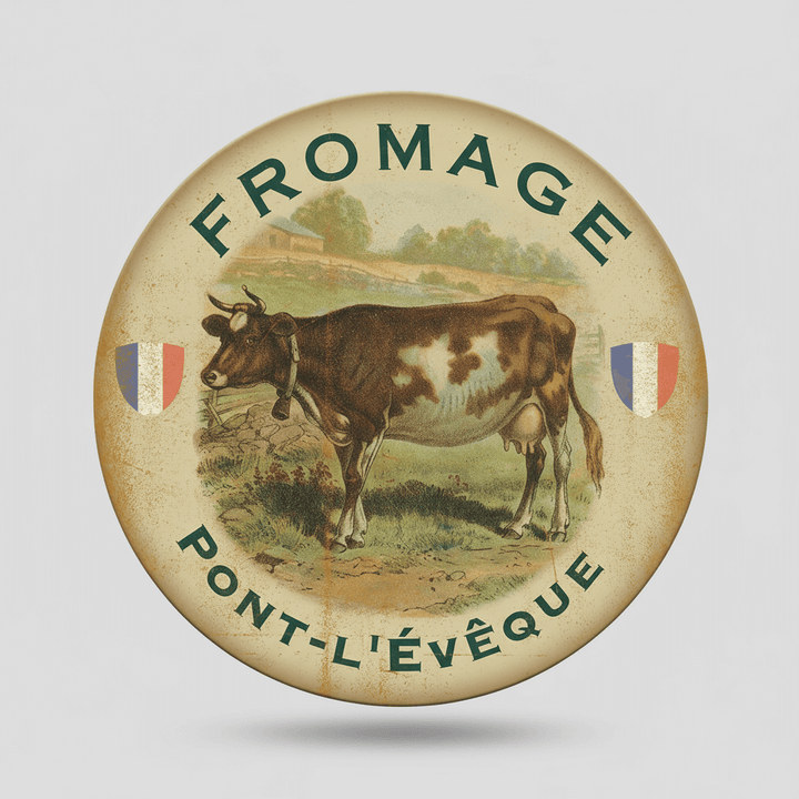 Fromage Pont-l’Évêque French Country Wall Art featuring vintage cow design evoking Normandy's pastoral heritage.
