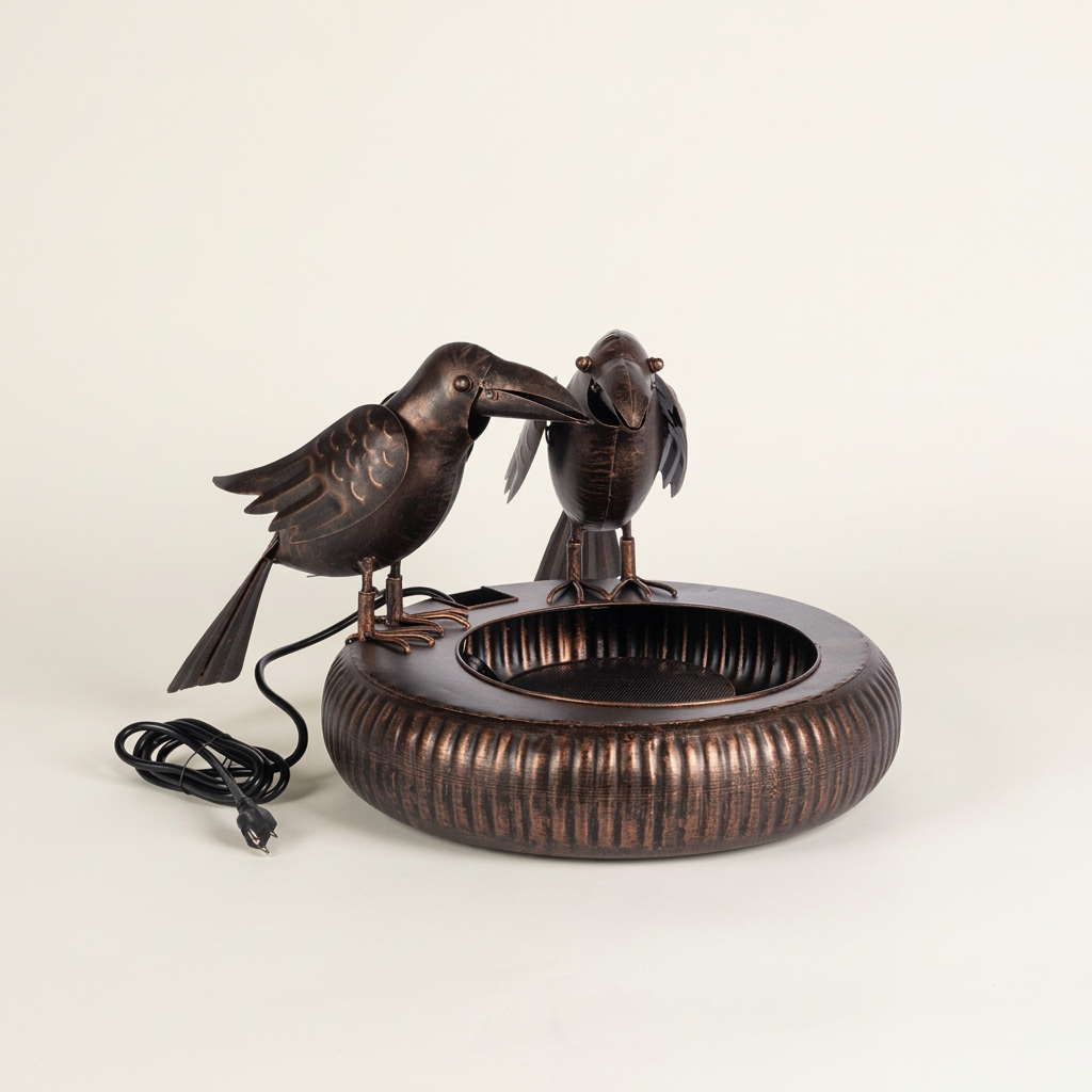 Black Bronze Chattering Crows Fountain photographed against a clean ivory studio background with both birds and the full basin visible.