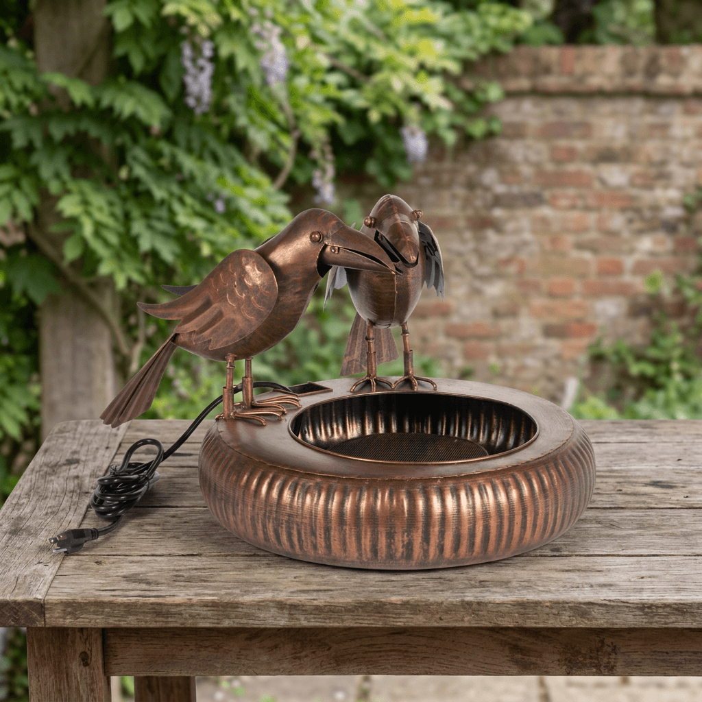 Antiqued Copper Chattering Crows Fountain staged unplugged on a rustic wooden table with greenery and a brick wall behind.