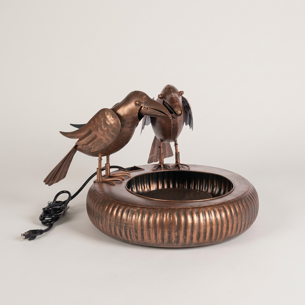 Antiqued Copper Chattering Crows Fountain on a pale gray studio background, showing both sculpted birds, ribbed basin, and power cord.