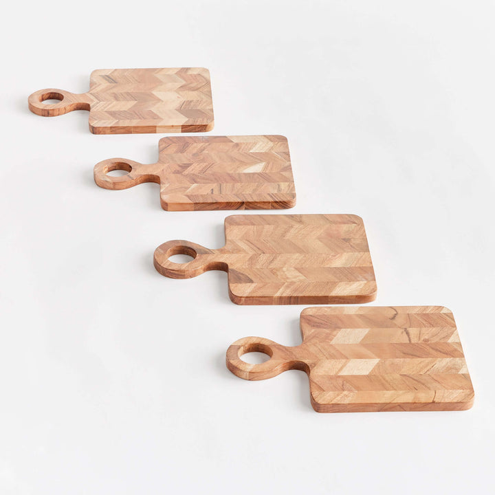 Chevron Acacia Wood Mini Serving Boards laid out on a white surface