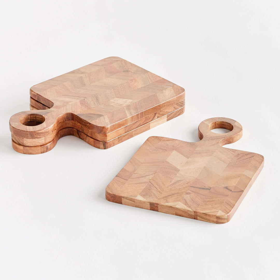 Chevron Acacia Wood Mini Serving Boards displayed on a white surface