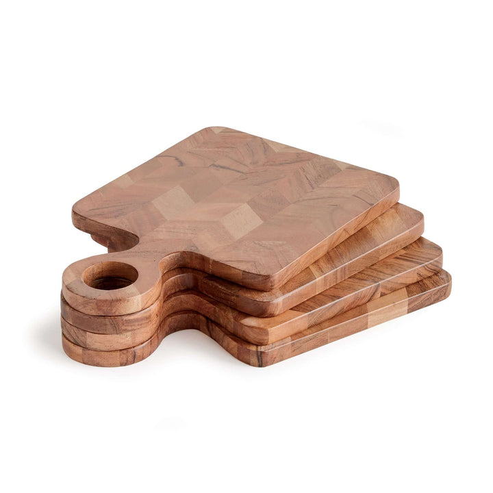 Chevron Acacia Wood Mini Serving Boards stacked up on a white surface