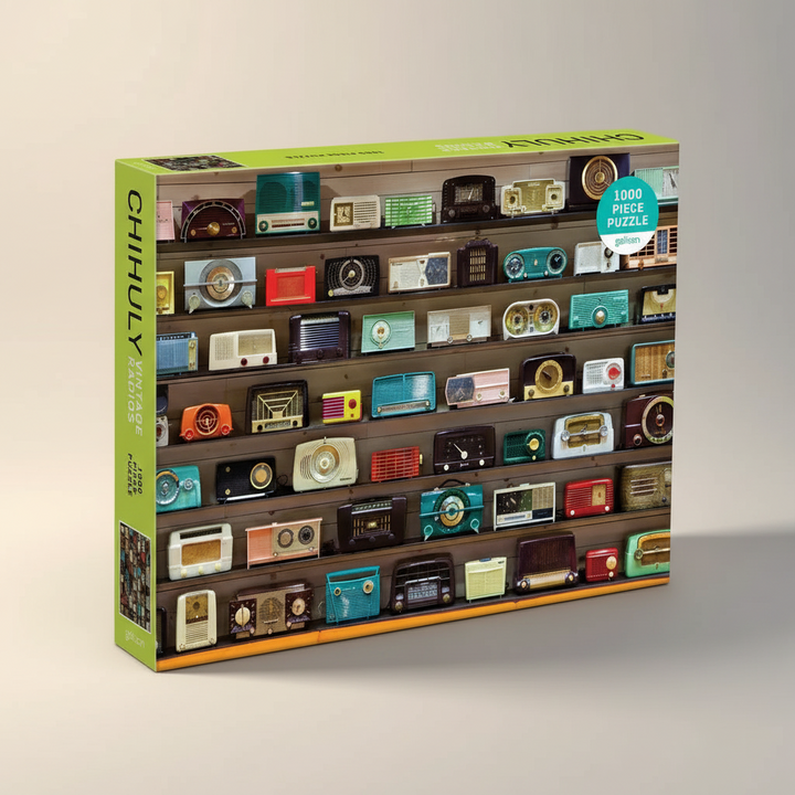 Jigsaw puzzle box with vintage radio design on a beige background