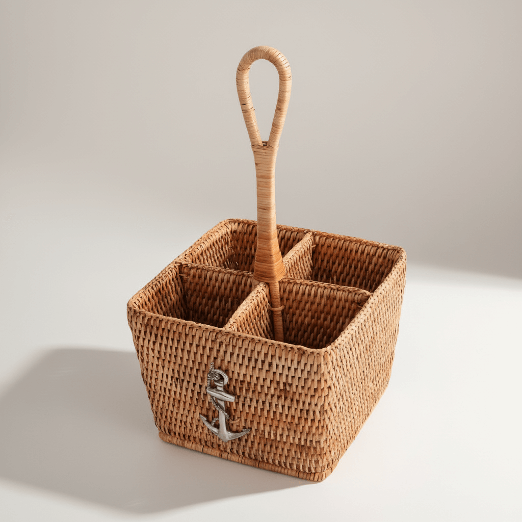 Woven basket with a handle on a light background