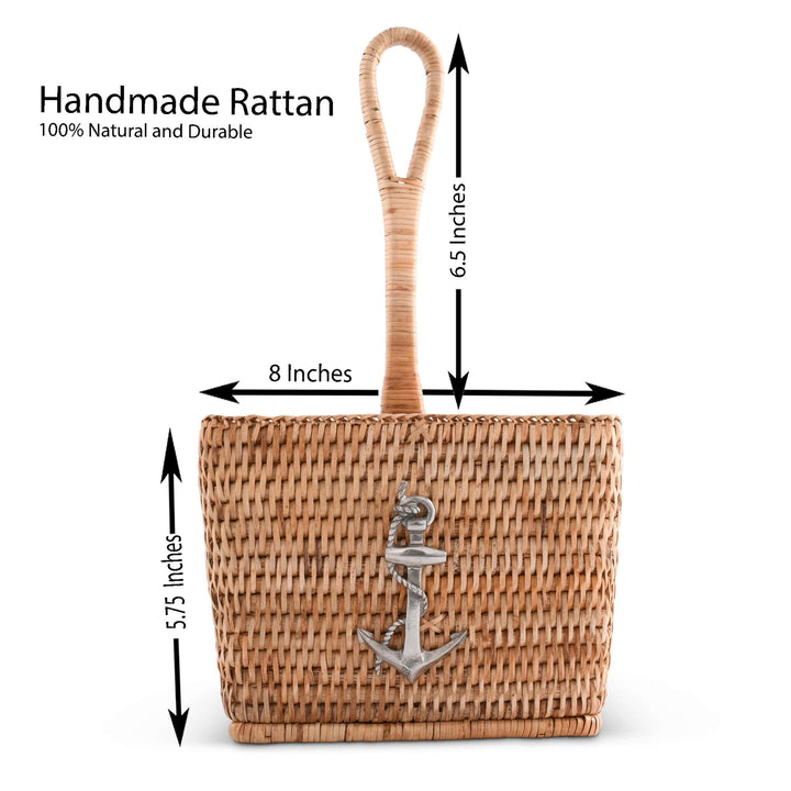 Woven caddy with anchor detail and measurements on a white background