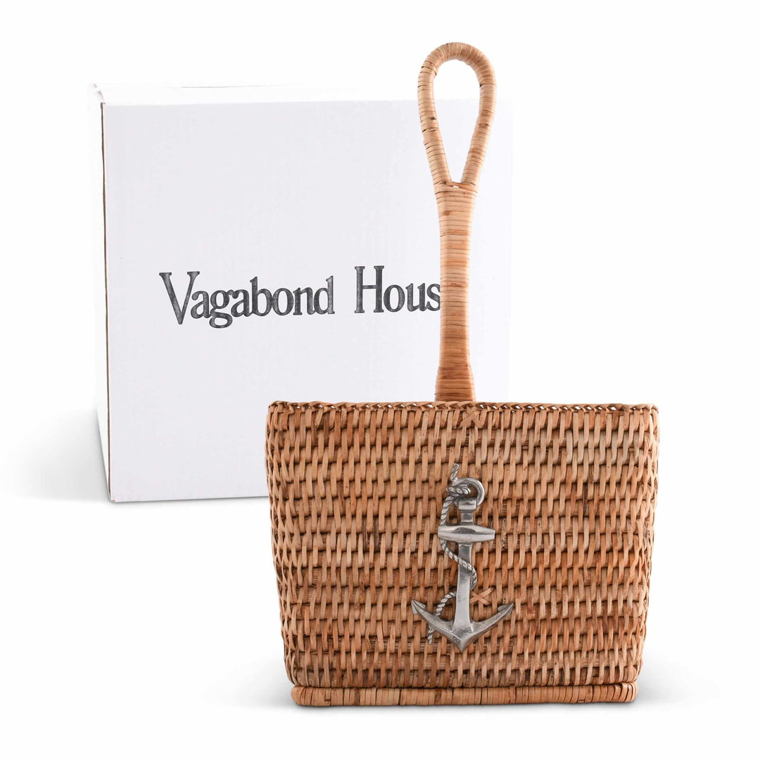 Woven caddy with anchor charm and 'Vagabond House' branding on a white background