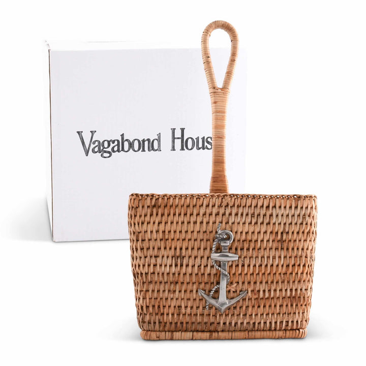 Woven caddy with anchor charm and 'Vagabond House' branding on a white background