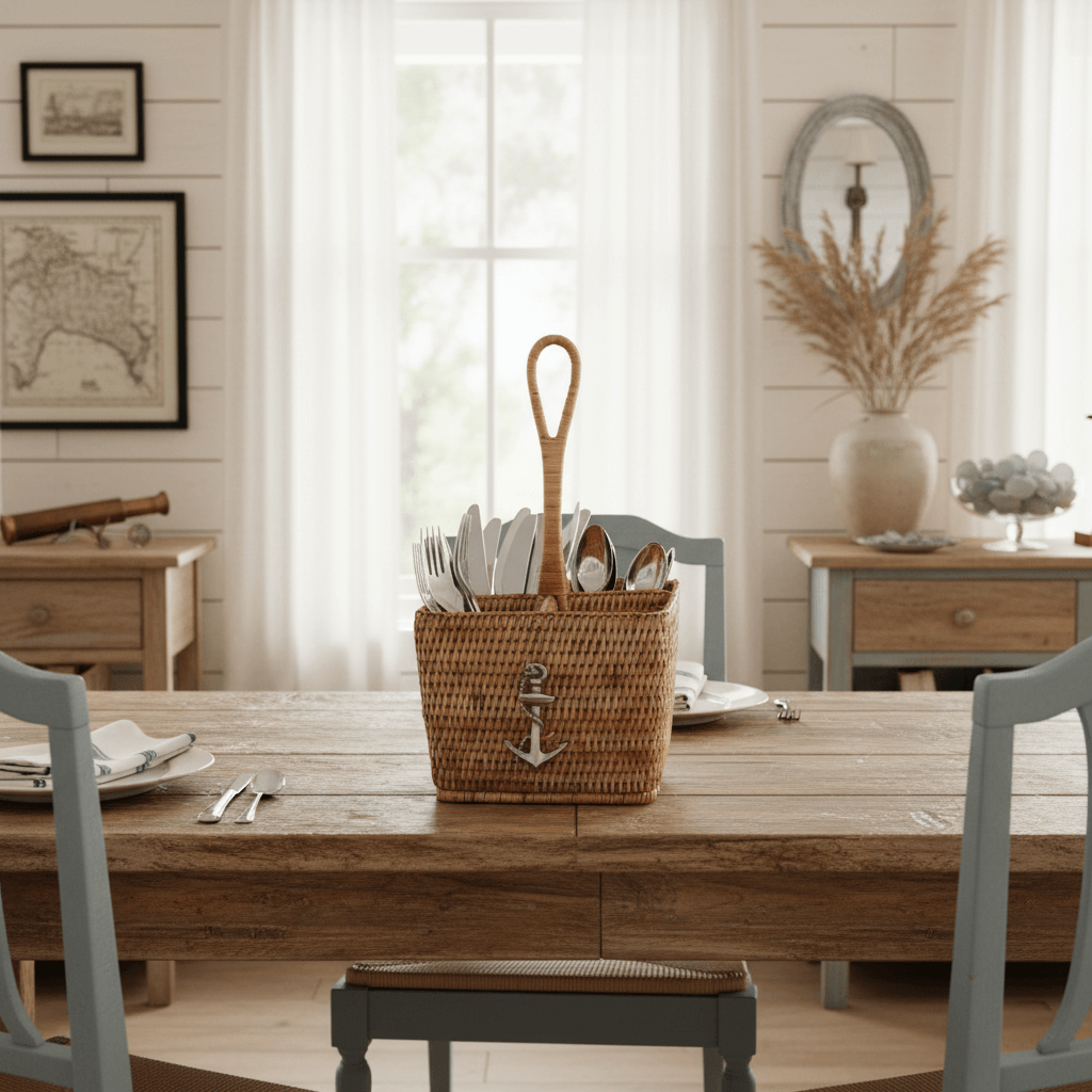 Coastal Wicker Flatware Caddy Organizer with Pewter Anchor