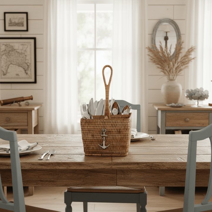 Coastal Wicker Flatware Caddy Organizer with Pewter Anchor