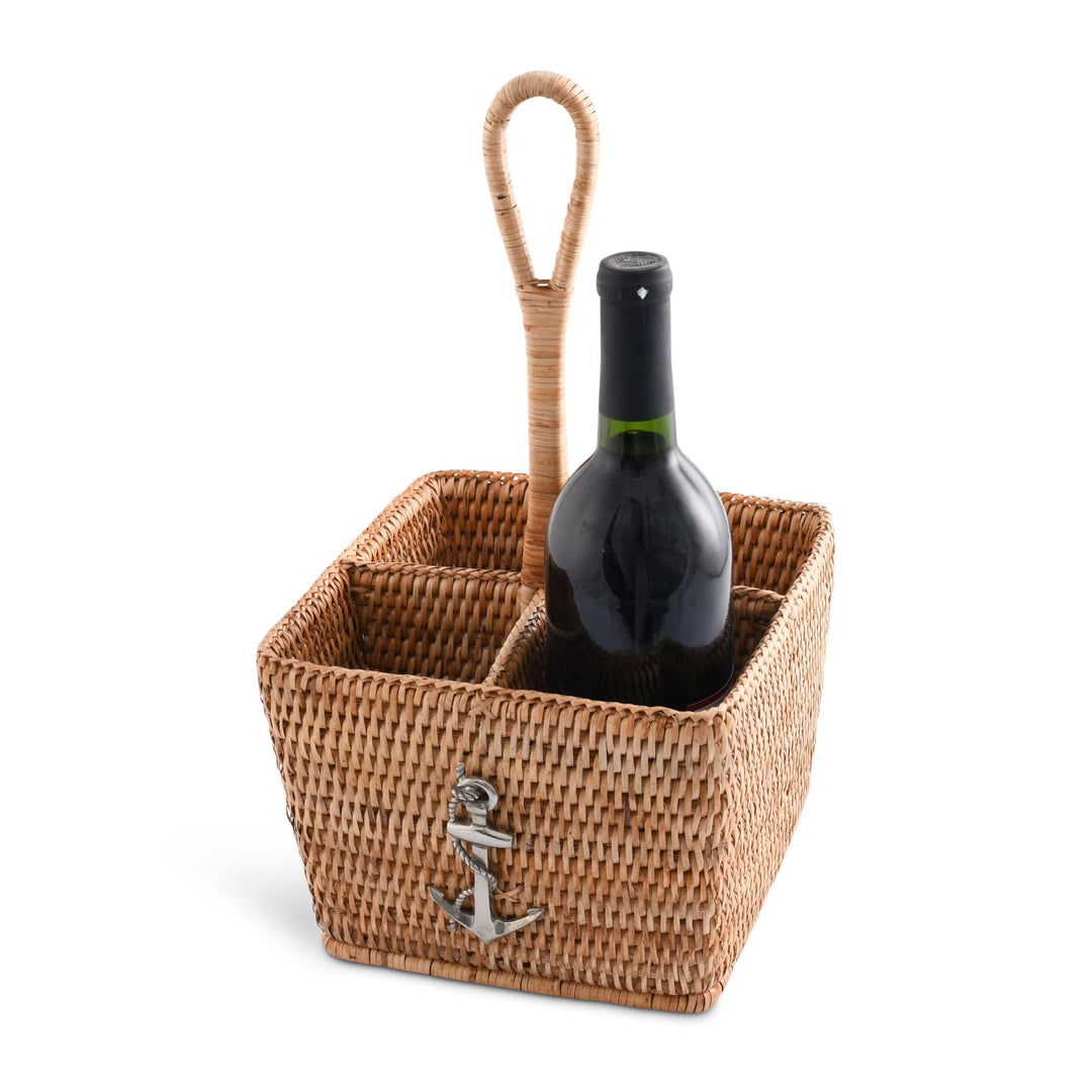 Wicker wine bottle holder with a bottle of red wine on a white background