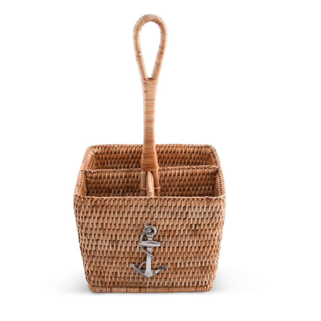 Woven basket with a handle and anchor emblem on a white background