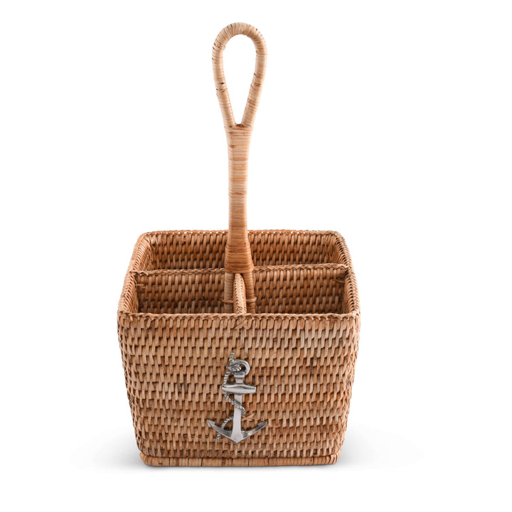 Woven basket with a handle and anchor emblem on a white background
