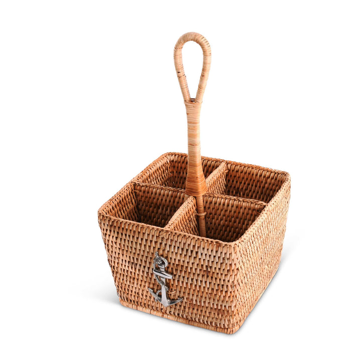 Coastal Wicker Flatware Caddy Organizer with Pewter Anchor