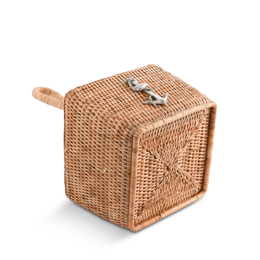 Woven rectangular caddy with a handle on a white background