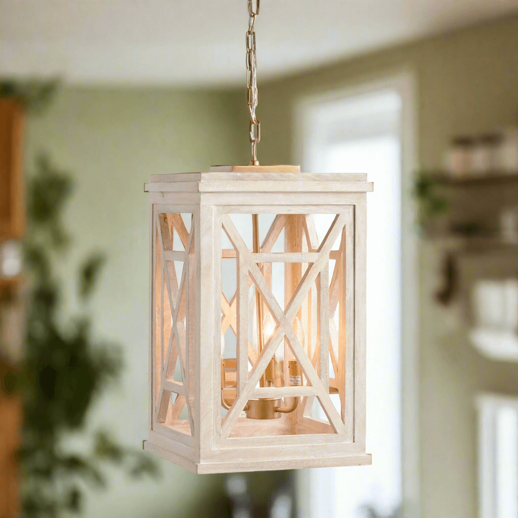 Cottagecore Chandelier Pendant Light in Whitewashed Finish in farmhouse kitchen