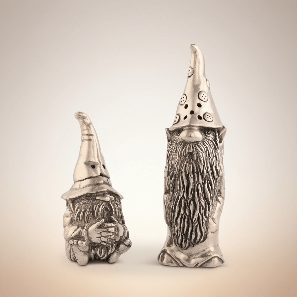 Two metallic gnome figurines with pointed hats on a gradient background