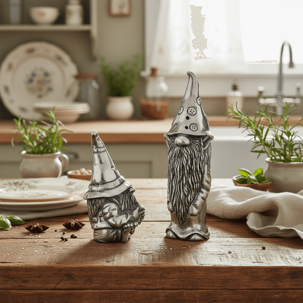 Two decorative gnome figurines on a wooden table in a kitchen setting.