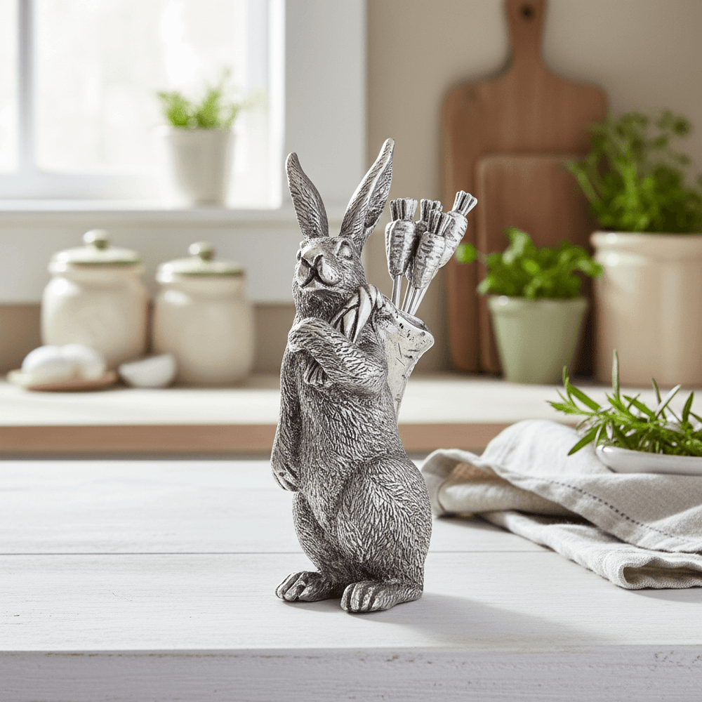 Decorative metal rabbit figurine holding picks on a kitchen counter.