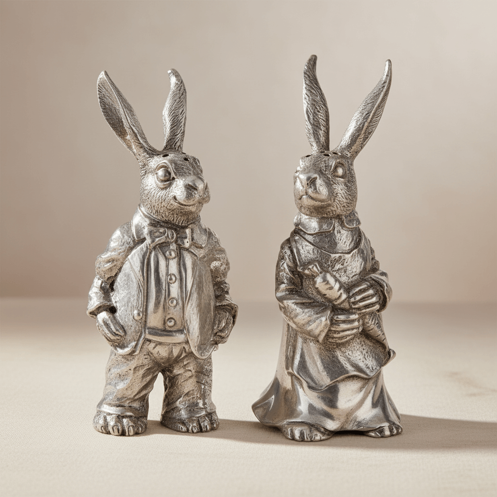 Two metallic rabbit figurines on a beige background