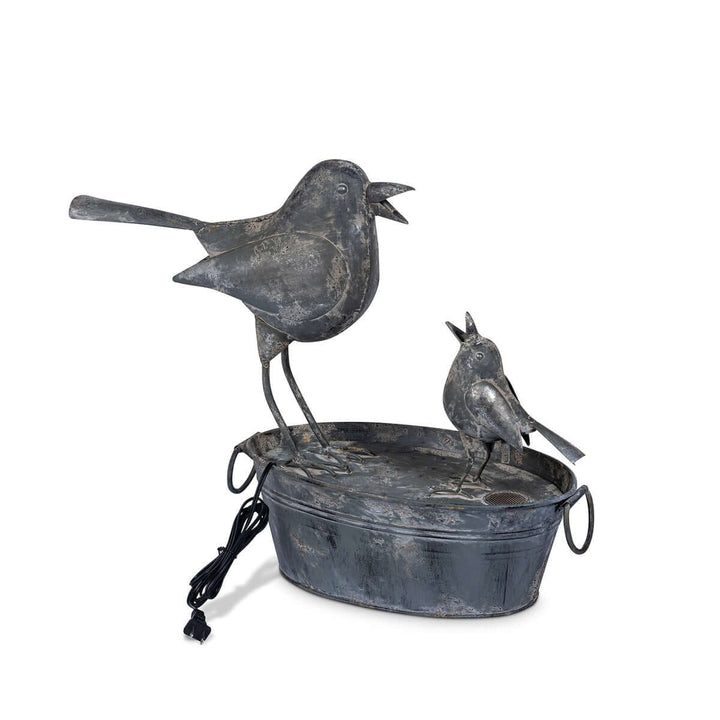 Vintage Galvanized Bird Fountain with mother and baby bird design, echoing a tranquil cottage garden ambiance.