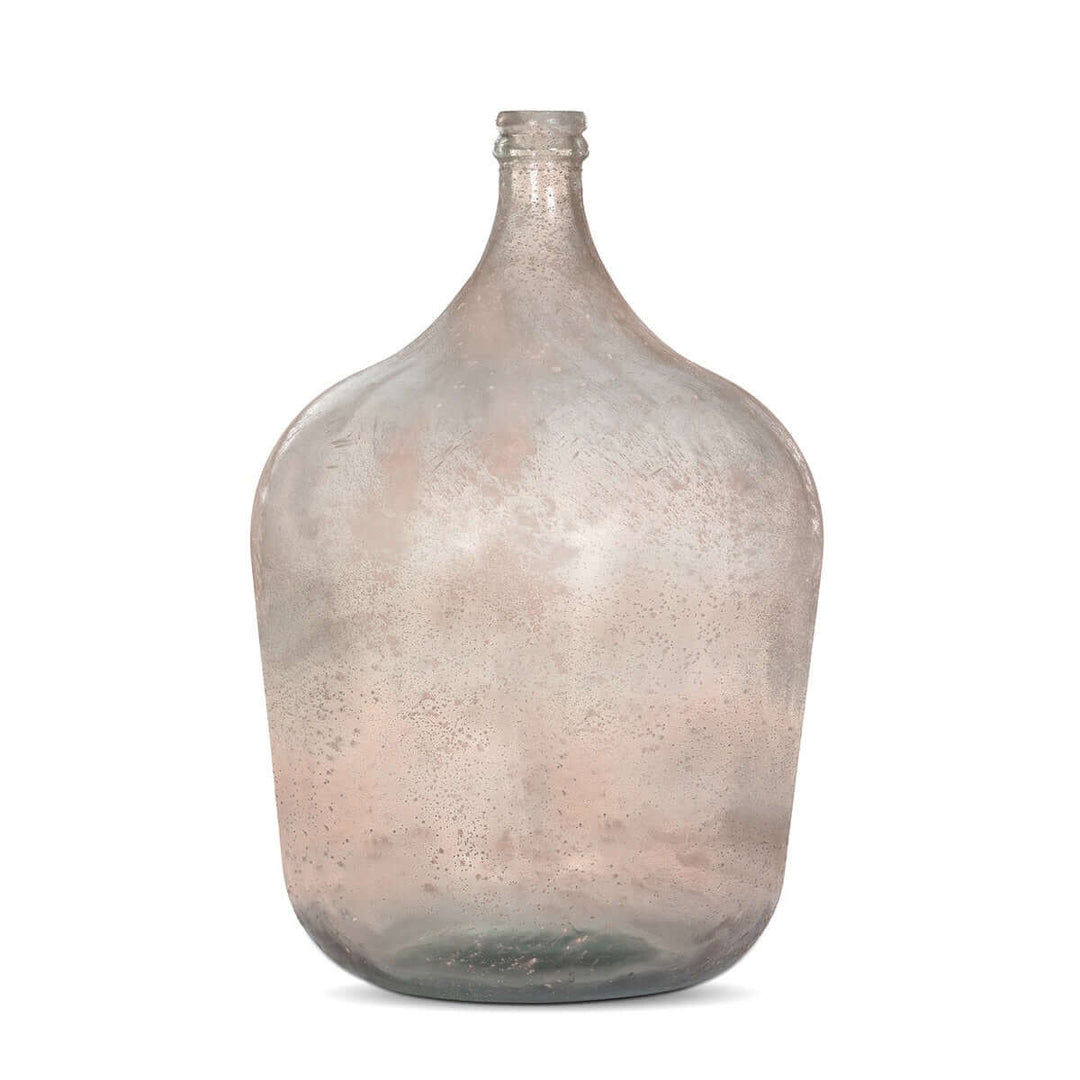 Vintage demijohn glass bottle vase in antique green, inspired by old-world vineyards and wine cellars, evokes rustic elegance.