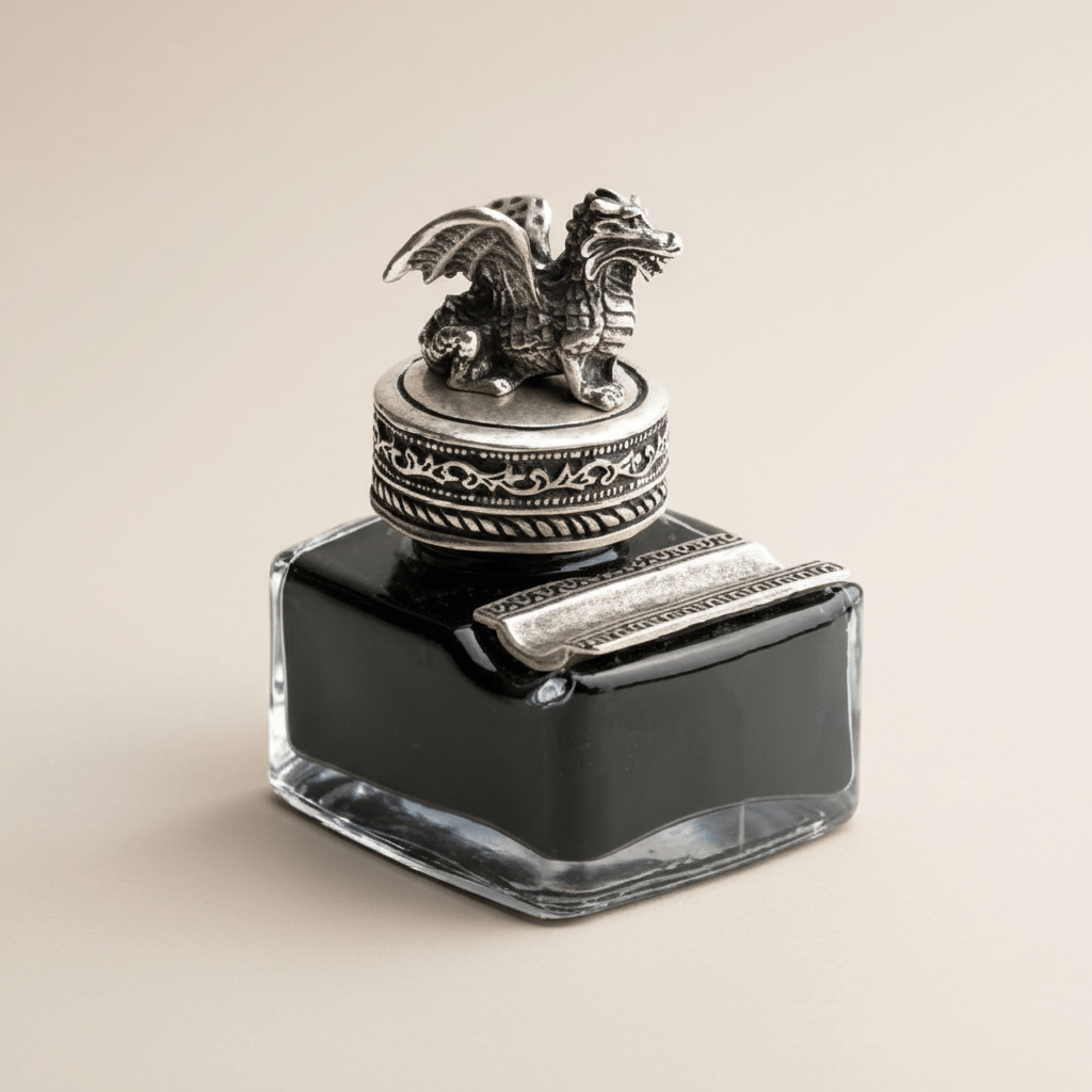 Inkwell with decorative dragon finial on a beige background