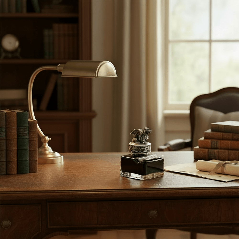 Vintage desk setup with a lamp, inkwell, and books in a room with a window.