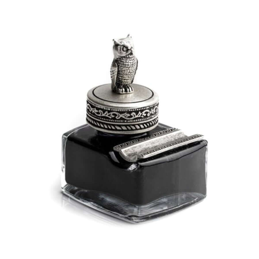 Vintage Owl Glass Inkwell with Pewter Cap & Pen Rest