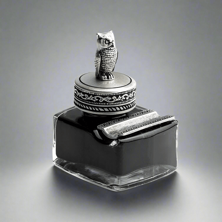 Vintage Owl Glass Inkwell with Pewter Cap & Pen Rest