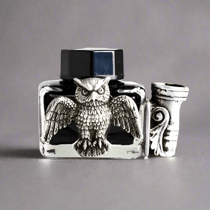 Vintage Owl Glass Inkwell with Pewter Sculpture & Pen Holder