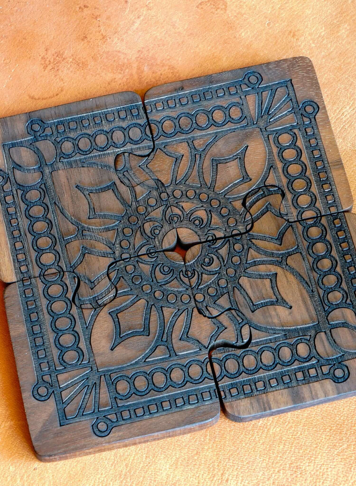 Walnut Puzzle Coasters & Trivet Set