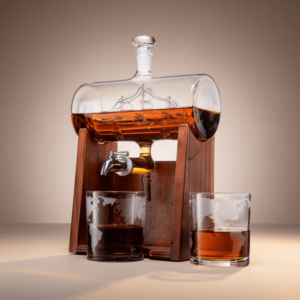 Wooden whiskey decanter with glass tumblers on a neutral background