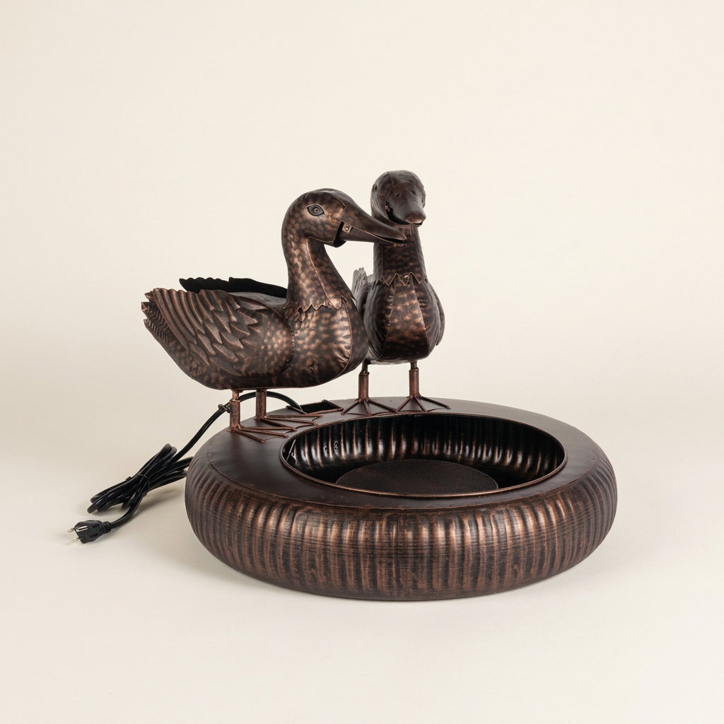 Black Bronze Dabbling Ducks Fountain on an ivory studio background, showing two upright ducks, a ribbed basin, and power cord.