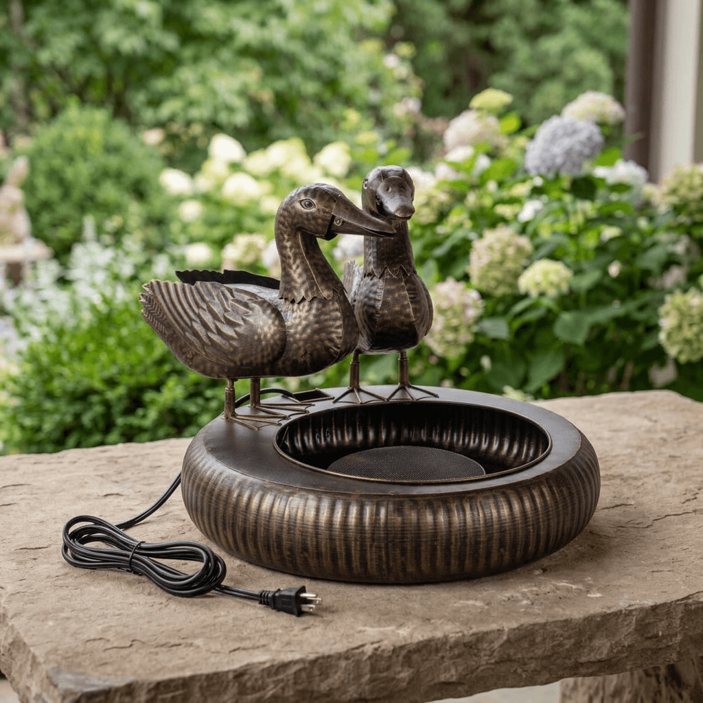 Black Bronze Dabbling Ducks Fountain staged unplugged on a stone table with soft garden greenery and hydrangeas behind.