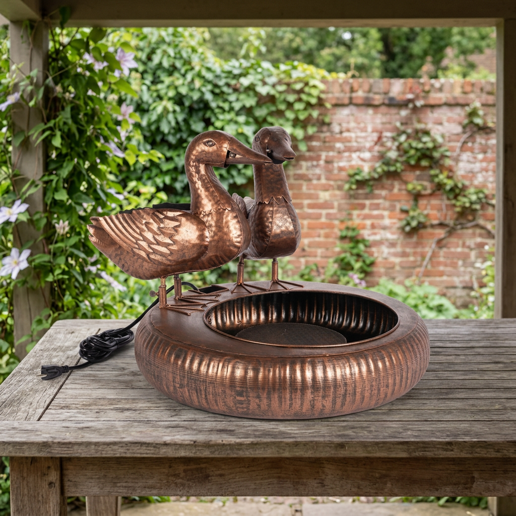 Antiqued Copper Dabbling Ducks Fountain staged unplugged on a wooden table beneath a sheltered porch with a leafy brick-wall backdrop.