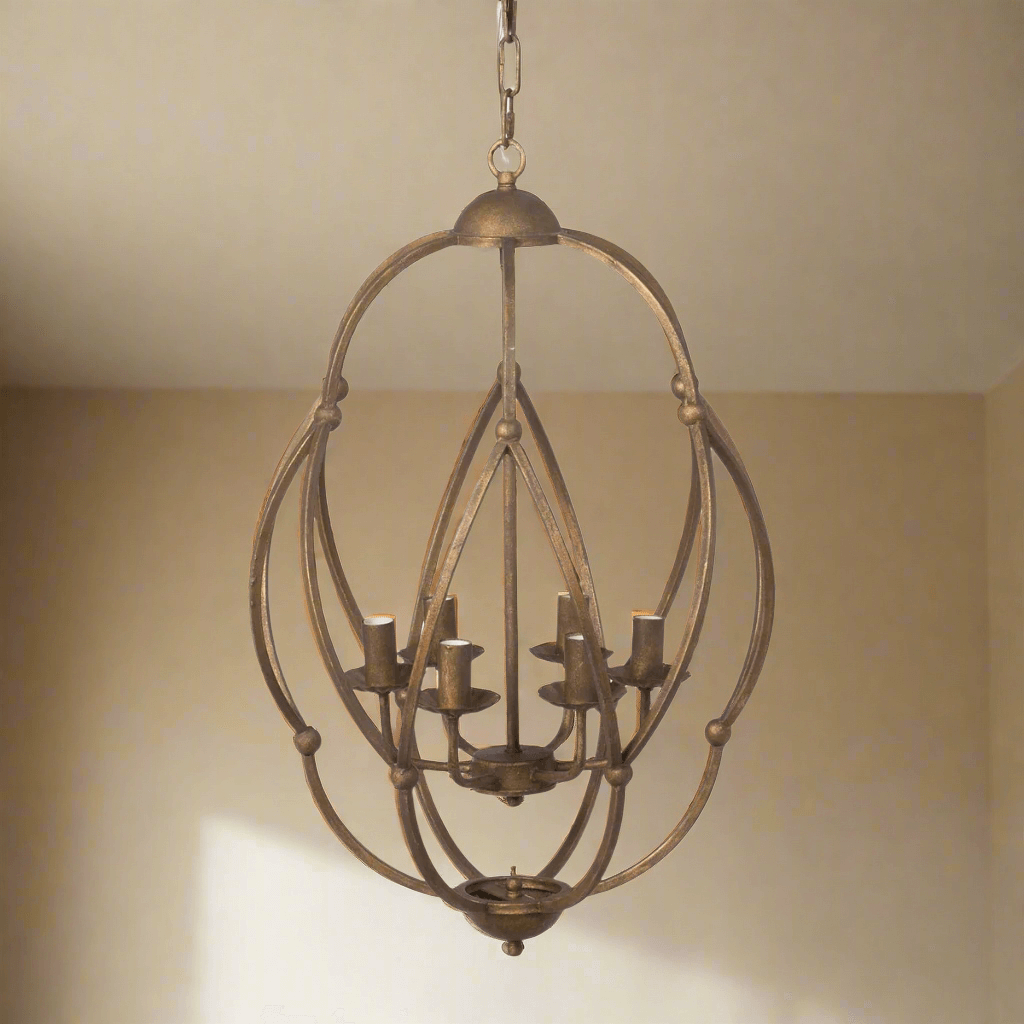 Decorative chandelier hanging against a beige wall