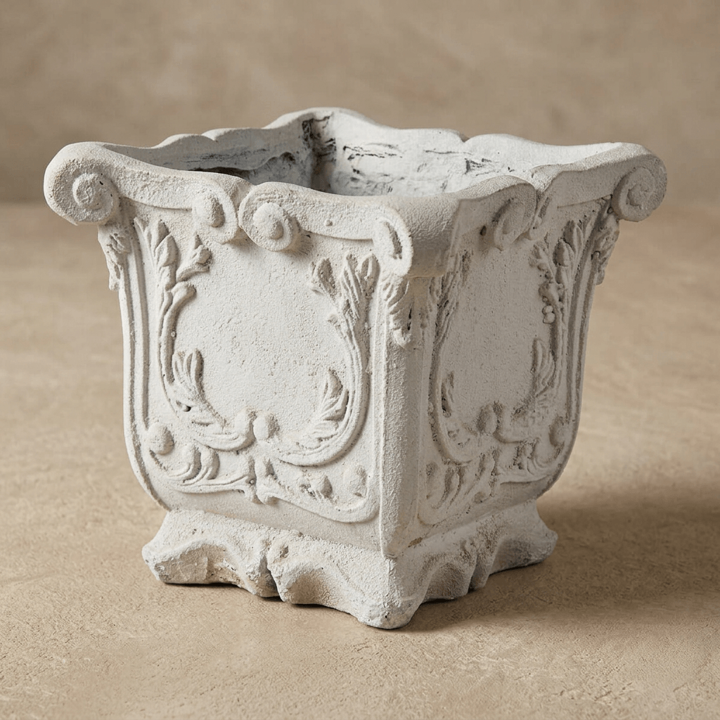 Three-quarter studio view of the Duchess square planter showing raised laurel wreath panels, scroll trim, and a shaped base.