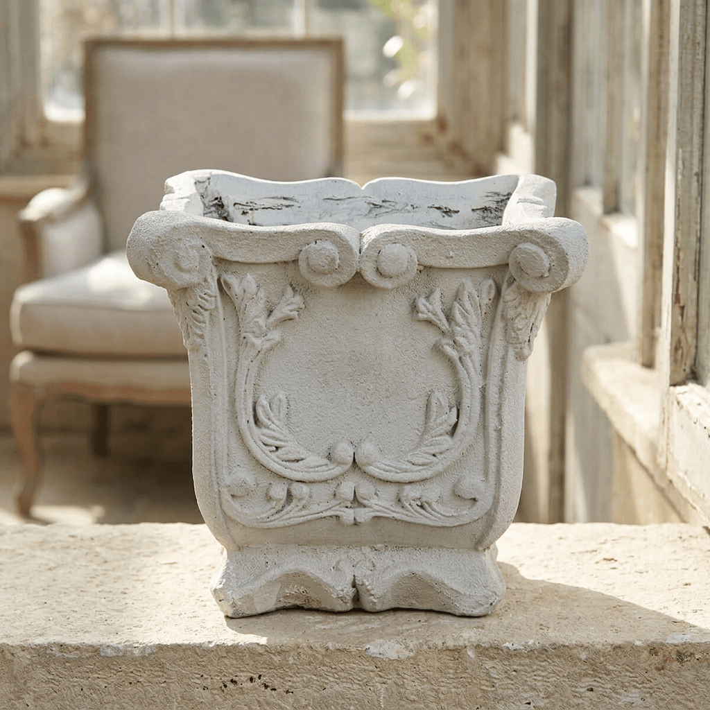 Duchess square laurel planter displayed empty on a limestone ledge in a softly lit sunroom.