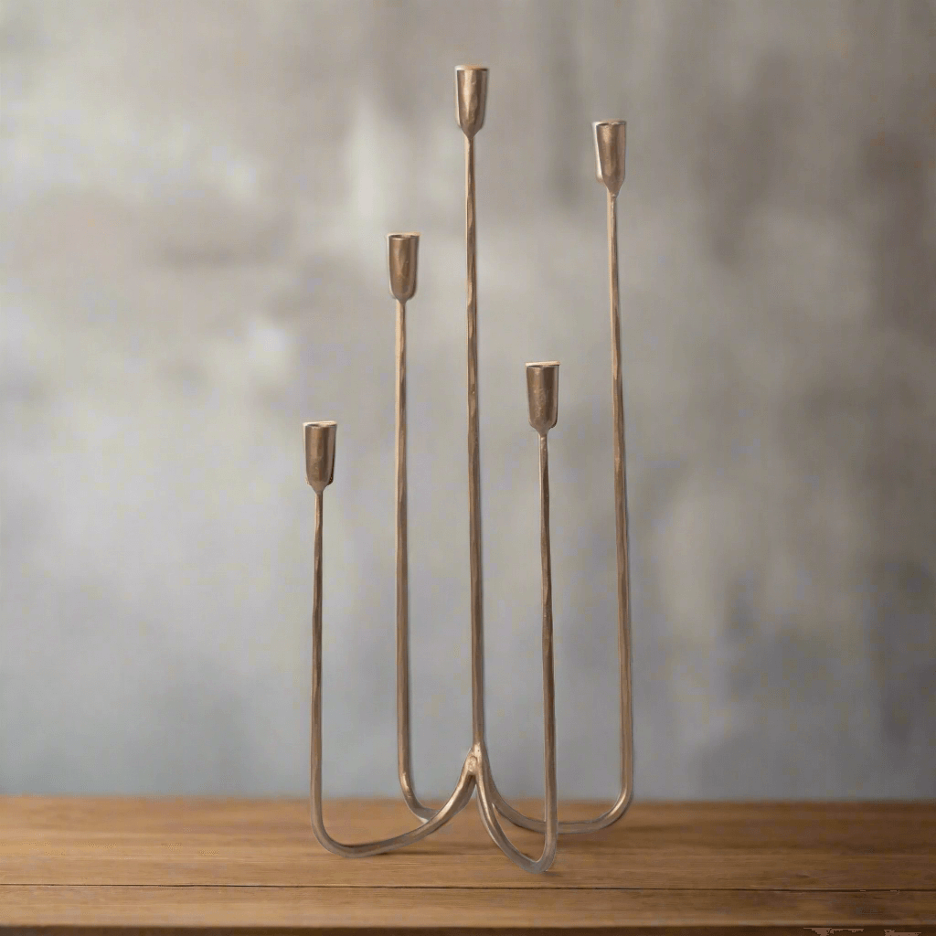 Tall Vintage Brass Candelabra with aged brass finish on wooden surface, showcasing industrial vintage design style.