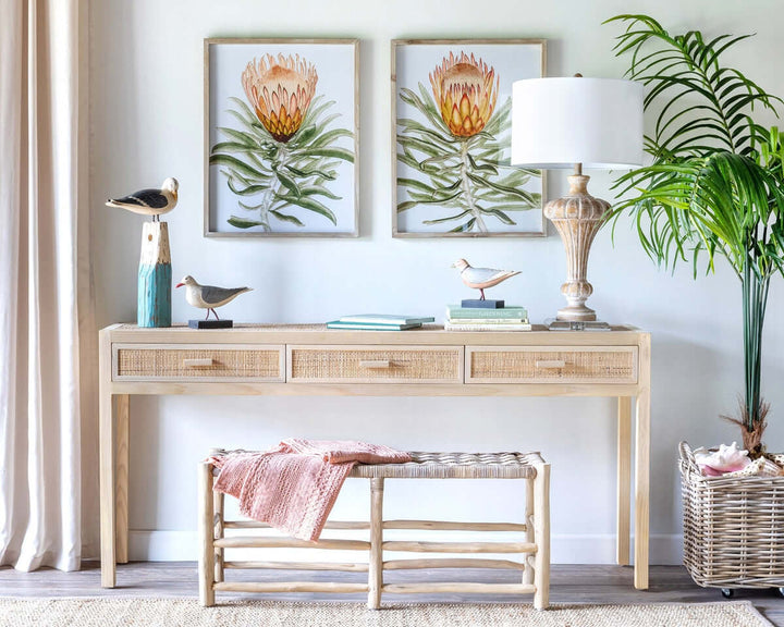 Coastal living room with vintage seagull figurines on buoy and plants, featuring a wooden console table and nature-themed wall art.