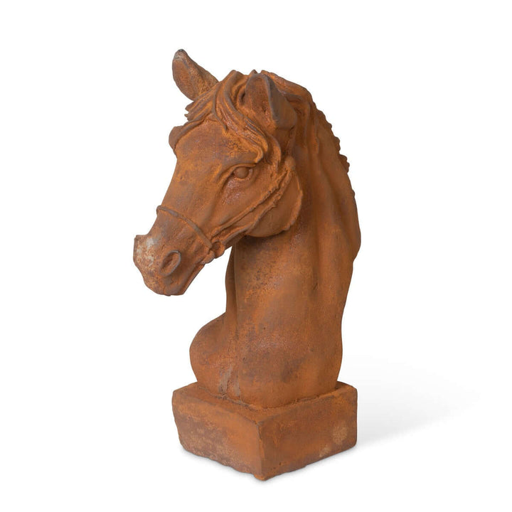Aged cast iron horse head sculpture with rust patina, perfect for equestrian decor and evoking old-world elegance.
