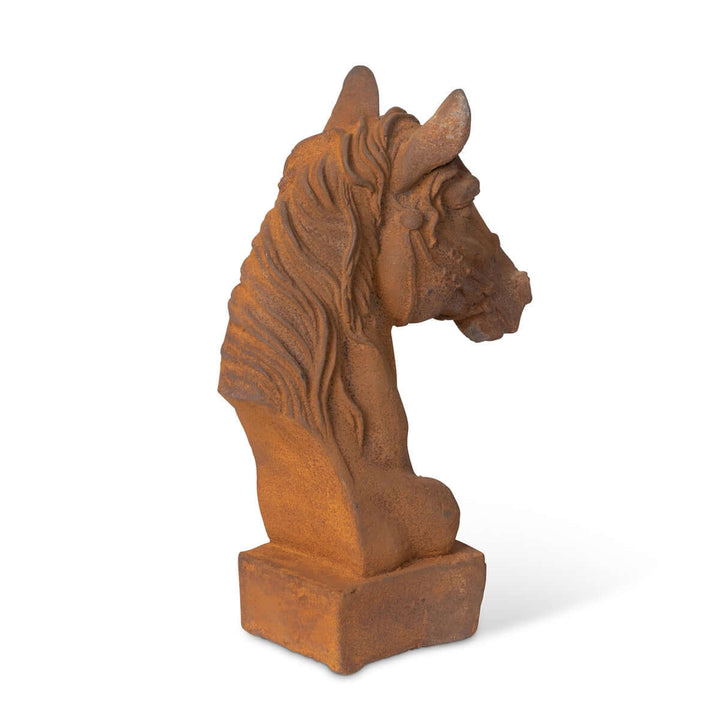 Aged cast iron horse head sculpture with rust patina for equestrian decor