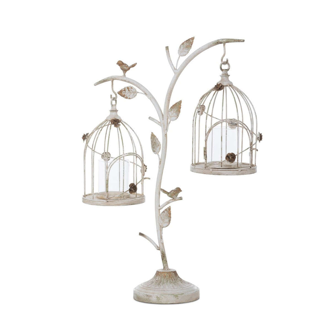 Vintage birdcage candle holder with hanging lanterns and distressed iron finish, evokes old-world charm and antique elegance.